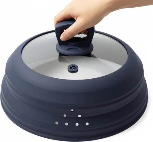 Vista 8 de Cubierta de vidrio para salpicaduras de microondas de 10.5 pulgadas, cubierta de microondas para alimentos con asa, cubierta plegable de silicona