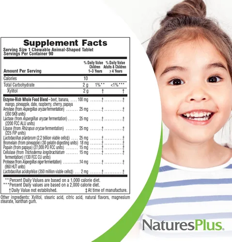 Vista 5 de NaturesPlus Animal Parade Source of Life - Ayuda digestiva masticable para niños, sabor a frutas tropicales, 90 tabletas en forma de animal