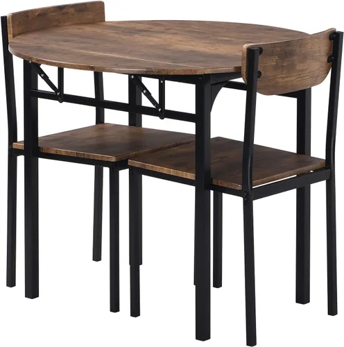 Vista 8 de Moderno juego de mesa de comedor redonda de 3 piezas con hojas caídas y 2 sillas para lugares pequeños, marco negro + acabado marrón rústico