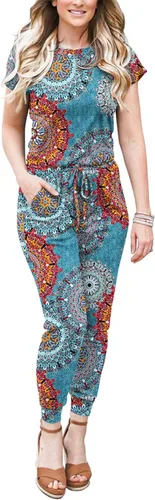 Vista 2 de DouBCQ Mono de manga corta, con cintura elástica y bolsillos, informal, para mujer