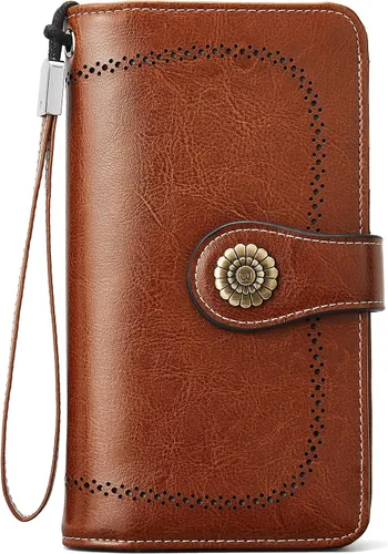 Vista 10 de BOSTANTEN - Cartera de cuero para mujer, bloqueo de identificación por radio frecuencia (RFID), cierre de cremallera alrededor, tarjetero, cartera