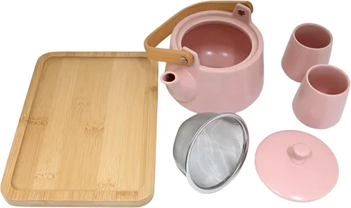 Vista 4 de Urban Tokyo Juego de té de cerámica con bandeja de bambú, tetera de 20 onzas líquidas con 2 tazas, esmalte mate satinado, servicio de té de Rosa