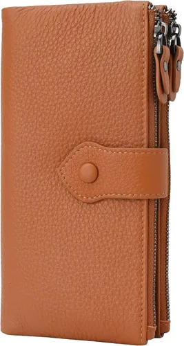 Vista 10 de Bveyzi - Cartera de cuero suave para mujer con bloqueo RFID, billetera plegable con doble cierre, porta-tarjetas para damas Soft, RFID Blocking