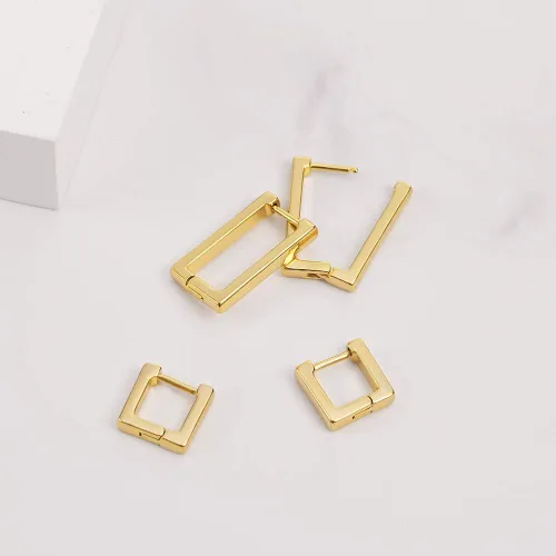 Vista 7 de 2 pares de aretes de aro minimalistas chapados en oro de 14 quilates, pequeños y delicados aretes geométricos cuadrados y rectangulares para niñas