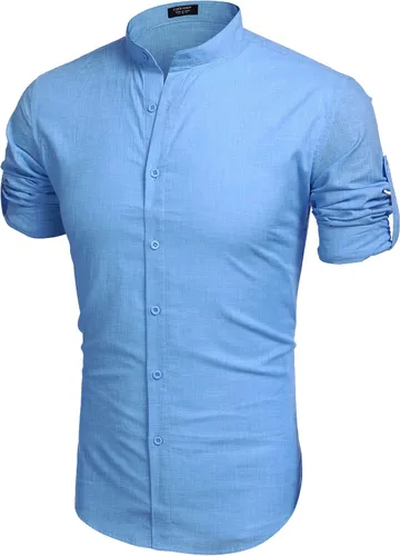 Vista 4 de COOFANDY Camisa casual de lino para hombre, con cuello de banda, manga larga, con botones