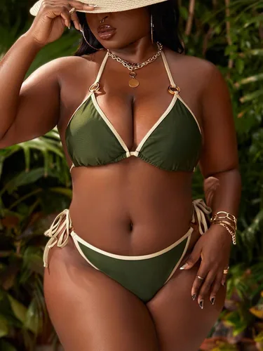 Vista 4 de Floerns Traje de baño de bikini con cuello halter y triángulo lateral para mujer, talla grande