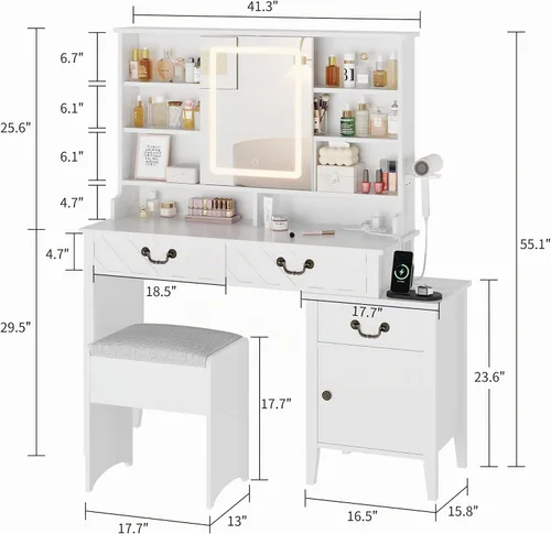 Vista 2 de GarveeHome Escritorio de tocador con espejo deslizante y luces, tocador de maquillaje blanco con taburete, tocador retráctil con tomacorriente
