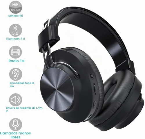 Vista 3 de Antetek - Auriculares inalámbricos Bluetooth 5.0 sobre la oreja de 30 horas de batería, radio FM, reproductor de MP3, micro SD/TF con controladores