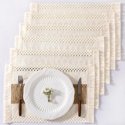Vista 2 de Juego de 6 manteles individuales bohemios de arpillera de algodón lavables, manteles de mesa de macramé tejido de macramé para decoración de mesa