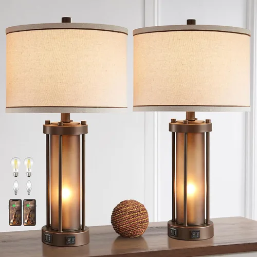 Vista 9 de Juego de 2 lámparas de mesa de estilo granja para sala de estar con 2 puertos de carga USB, lámparas rústicas vintage para mesita de noche con luz