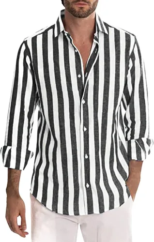 Vista 2 de Camisa a rayas para hombre, estilo vintage, con botones, manga larga, casual, ajuste regular, camisetas de algodón retro grandes y altas