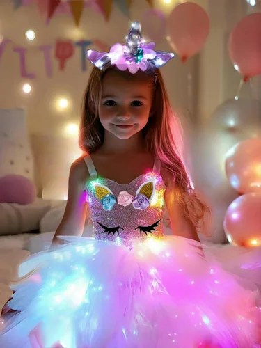 Vista 2 de SHINYOU Girls Unicorn Costume, Rainbow Unicorn Dress, LED Light Up Unicorn Tutu with Wing for Halloween Birthday Gift