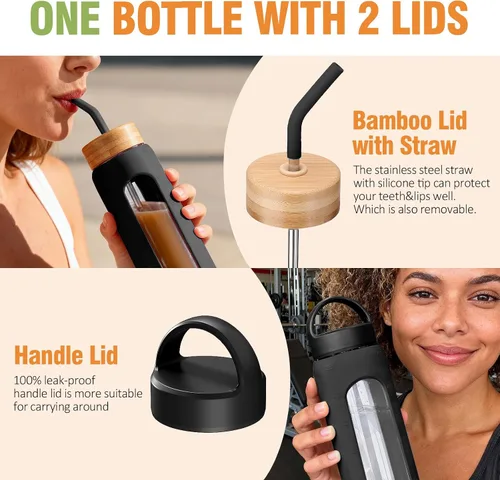 Vista 2 de WINSA - Botella de agua de vidrio de 24 onzas, vaso de vidrio con popote, botellas reutilizables con 2 tapas - Tapa con asa y tapa de bambú