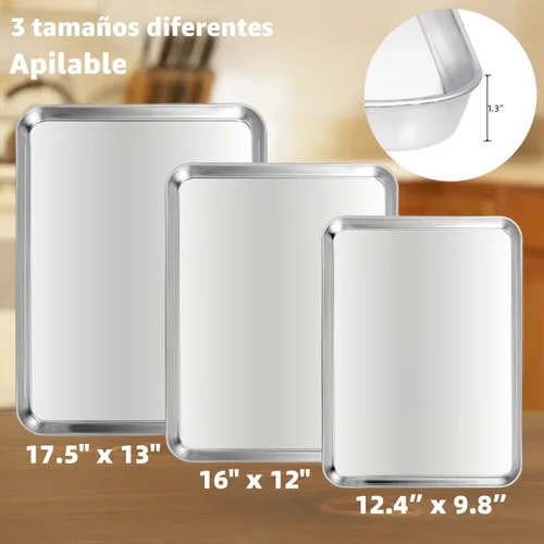 Vista 2 de Juego de bandejas para hornear de 3 piezas, bandejas para hornear de acero inoxidable resistentes, hojas para galletas y bandejas de cocina