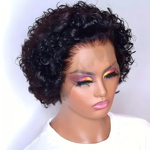 Vista 10 de Peluca de cabello humano corto con encaje frontal para mujeres negras, peluca de corte Pixie, peluca de encaje previamente despuntada en T