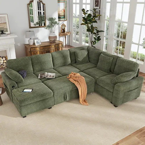 Vista 20 de Hanherry - Sofá seccional con sofá cama extraíble, sofá cama de chenilla con 2 asientos de almacenamiento y carga USB, cómodos sofás modulares