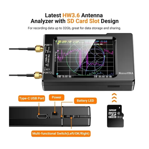 Vista 4 de Vector Network Analyzer, VNA-H Vector Network Antenna Analyzer SWR Meter 10KHz-1.5GHz MF HF VHF UHF with SD Card Slot Spectrum Analyzer Measuring S
