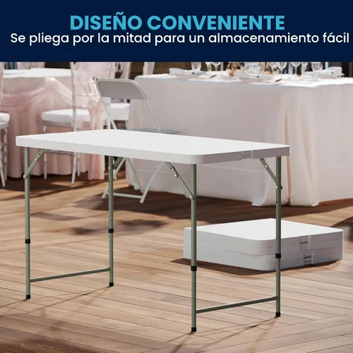 Vista 4 de Flash Furniture Mesa rectangular de plástico plegable de 4 pies con patas ajustables y asa de transporte, mesa de banquete portátil biplegable