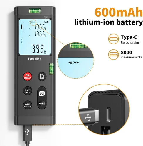Vista 3 de Bilateral Laser Measurement Tool, Bauihr 393ft/120M Rechargeable Aluminum Dual Laser Distance Meter