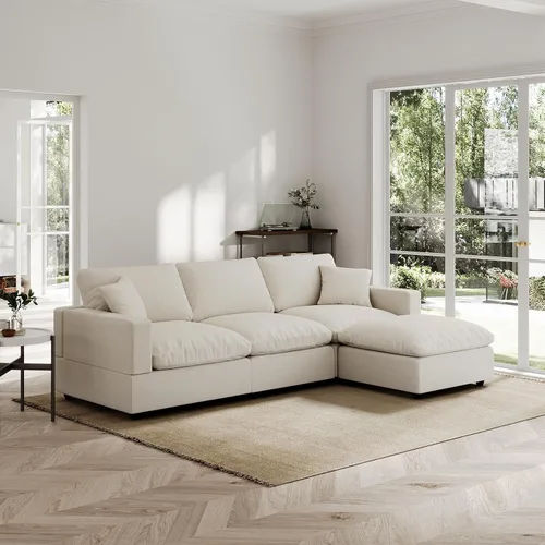 Vista 12 de Sofá seccional moderno de lino en forma de L para sala de estar, sofás modulares con relleno de plumón, fundas de cojín de sofá desmontables, sofá