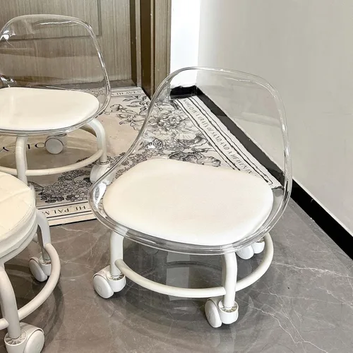 Vista 2 de Silla de polea de acrílico, taburete bajo con polea de respaldo, taburete ergonómico bajo para limpieza del hogar, taburetes de oficina, lavandería