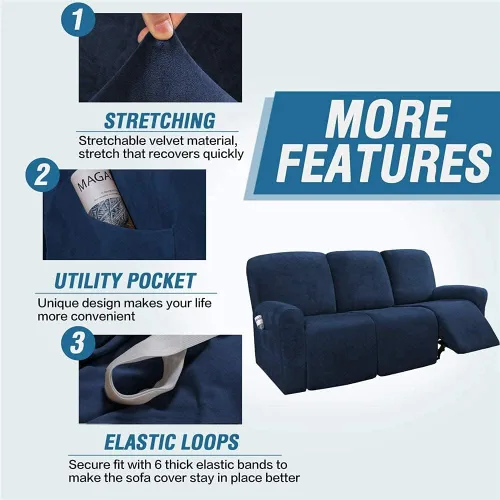 Vista 4 de Fundas elásticas de 8 piezas para sillón reclinable, de terciopelo de lujo, para sofá reclinable de 3 cojines, funda para sofá reclinable súper