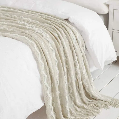Vista 5 de BOURINA Manta de Chenille Esponjosa de Punto con Flecos, Ligera, Suave y Acogedora para Cama, Sofá, Silla, Mantas de Tiro Beige 60" x 80" Manta