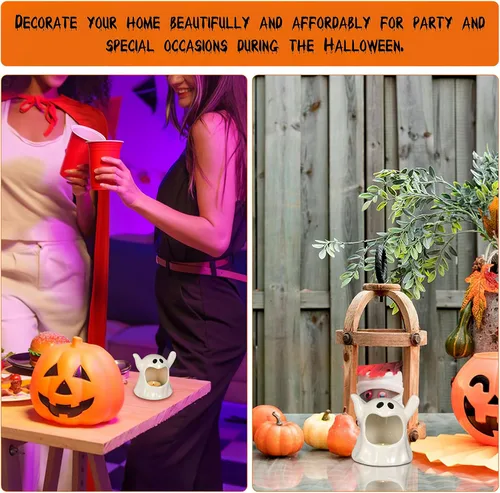 Vista 8 de DECHOUS Portavelas fantasma de Halloween: lindo candelabro votivo de cerámica fantasma, decoración de mesa, portavelas de Halloween para el hogar