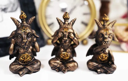 Vista 8 de Ebros - Juego de 3 figuras de Samael Lilith See Hear Speak No Evil Baphomets de LaVeyan Devil Baphomet The Caduceus Symbol Altar Accent Statues