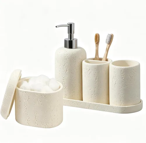 Vista 11 de Juego de accesorios de baño, organizador de baño para encimera, dispensador de jabón y soporte para cepillo de dientes, taza de enjuague bucal