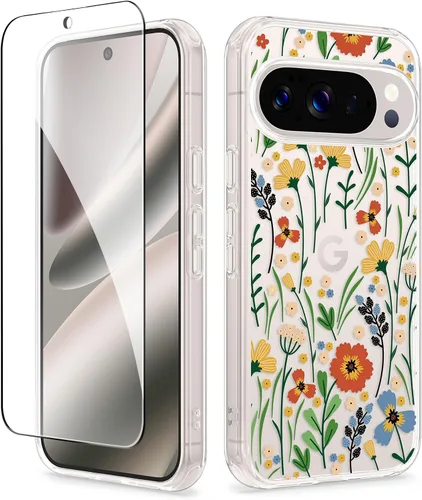Vista 14 de GVIEWIN Funda para Google Pixel 10a con protector de pantalla, protección contra caídas de grado militar, no amarillenta, transparente, floral
