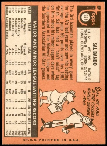Vista 2 de 1969 Topps #371 Sal Bando Oakland Athletics (Baseball Card) EX+ Athletics