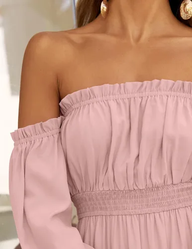 Vista 52 de ZESICA - Vestido largo, bohemio y sexy, con hombros descubiertos y manga larga fruncida, con elástico fruncido, cintura alta y abertura lateral