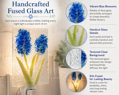Vista 6 de Luz nocturna de campana azul de vitral, luz nocturna enchufable hecha a mano con diseño de flores de vidrio fundido en azul y transparente