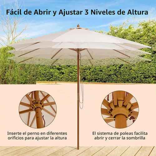 Vista 4 de HAPPYGRILL Sombrilla de madera para patio de 10 pies con polea de cuerda y Beige