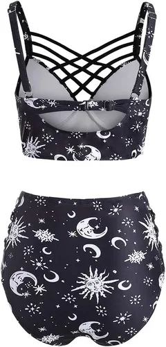 Vista 2 de JMSUN Bikini de verano para mujer, traje de baño de sol, estrella, luna, celosía, cintura alta, tankini traje de baño Negro