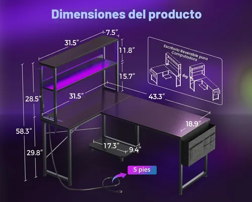 Vista 3 de AODK Escritorio en Forma de L para Gaming con Luz LED y Toma de Corriente, Mesa de Computadora Reversible en Forma de L de 43 Pulgadas con Estante