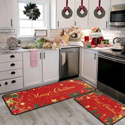 Vista 8 de Juego de 2 alfombras y tapetes de cocina navideños, decoraciones navideñas para el hogar con respaldo antideslizante, alfombra de cocina