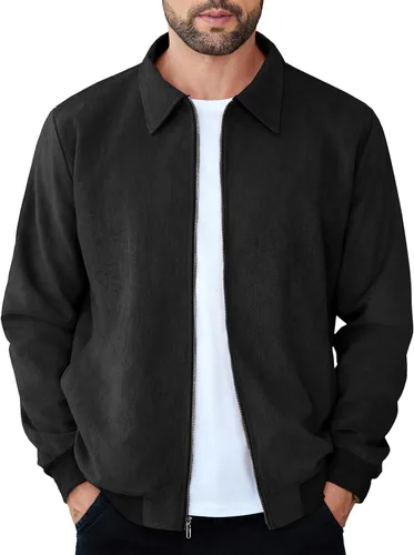 Vista 12 de COOFANDY Chaqueta bomber casual de ante para hombre, ligera, con cremallera completa, chaqueta de piel sintética vintage