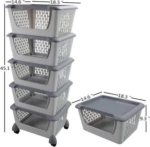 Vista 3 de Cestas de almacenamiento apilables de plástico para cocina, de 5 niveles, color gris