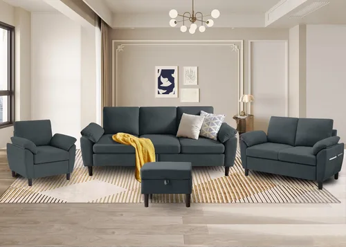 Vista 21 de Juego de sofás modulares de 3 piezas, sofás de 3 plazas en forma de L y sofá biplaza con sillón y otomana de almacenamiento para sala de estar Verde