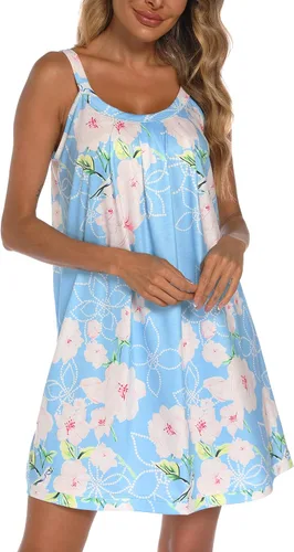 Vista 3 de AVIIER Camisón de algodón suave para mujer, sin mangas, con correa ancha, ropa de dormir completa