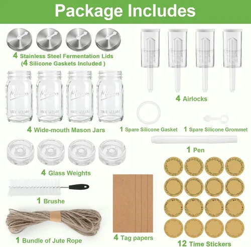 Vista 8 de Kit de fermentación de 4 unidades para todos los frascos Mason de boca ancha (cuatro tarros Mason de 32 oz incluidos), frascos de fermentación