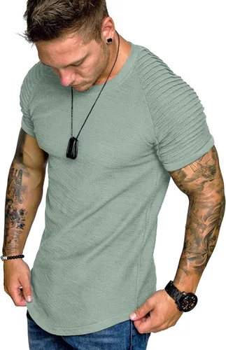 Vista 26 de COOFANDY Camiseta Muscular para Hombre de Manga Raglán Plisada Camiseta de Culturismo para Gimnasio Manga Corta Camisas de Entrenamiento de Moda
