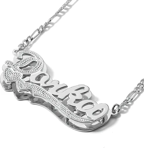 Vista 3 de Drawelry Collar con nombre personalizado de dos tonos con placa de oro de 18 quilates, chapado en doble corazón, placa con dije de placa de nombre