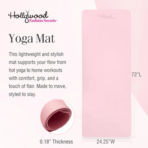 Vista 3 de Hollywood Fashion Secrets Alfombrilla de yoga rosa antideslizante, ligera, acolchada para el hogar, gimnasio, pilates y entrenamiento