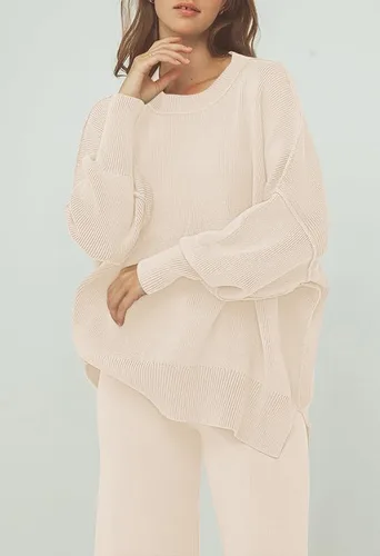 Vista 4 de AOHITE Conjunto de 2 piezas para mujer, suéter de punto acogedor y pantalones de pierna ancha