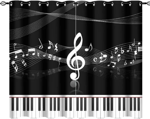 Vista 47 de Cortinas opacas de oscurecimiento de habitación con ojales, diseño rústico de símbolos musicales blancos y negros, tratamiento de ventana