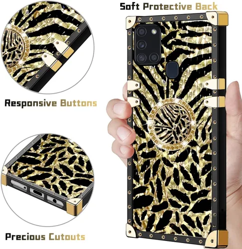 Vista 4 de Funda para teléfono Samsung Galaxy A21S con soporte de anillo, diseño retro elegante de lujo, estampado de leopardo, guepardo, dorado, protección