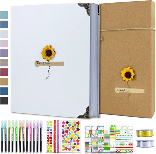 Vista 18 de Vienrose Kit de álbum de fotos de bricolaje con bolígrafos, cintas y calcomanías, 60 páginas, tapa dura de 8.5 x 11 pulgadas, 3 anillos, papel negro